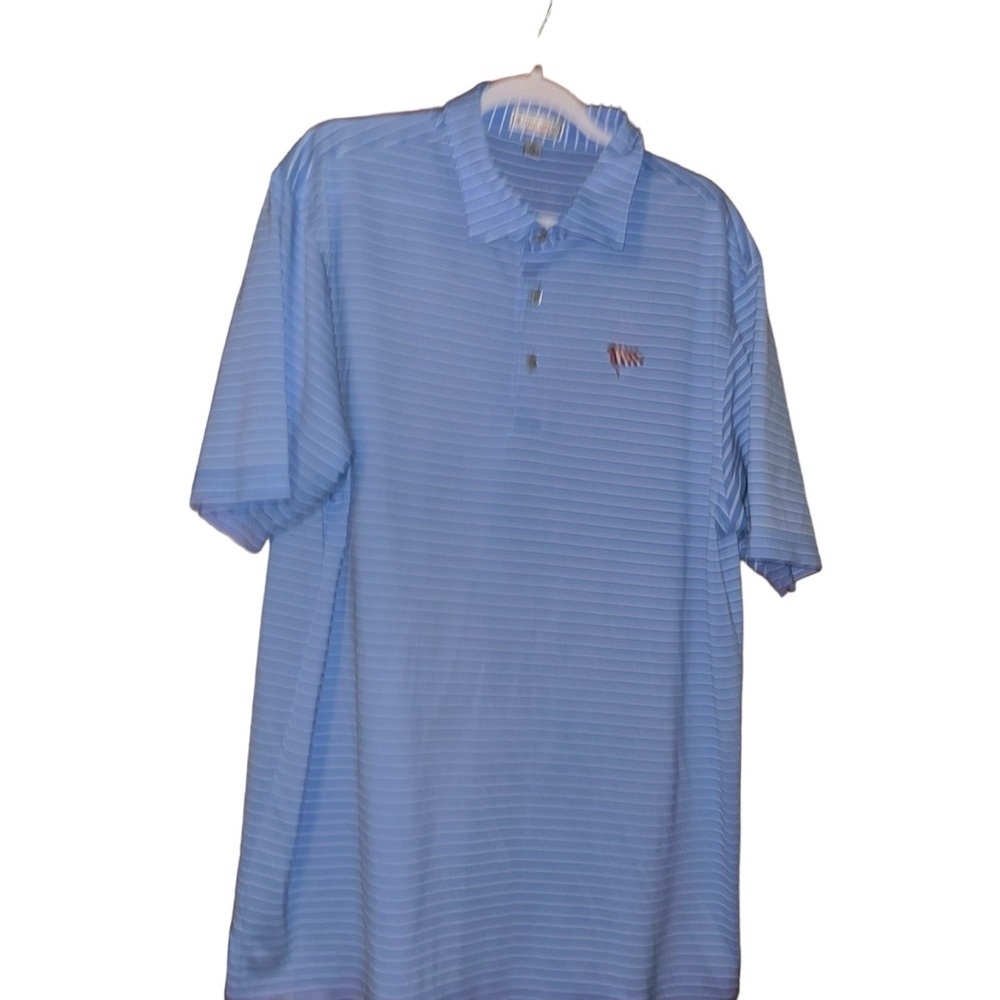 Peter Millar summer comfort blue stripe polo shirt sz XL embroidered flag patch